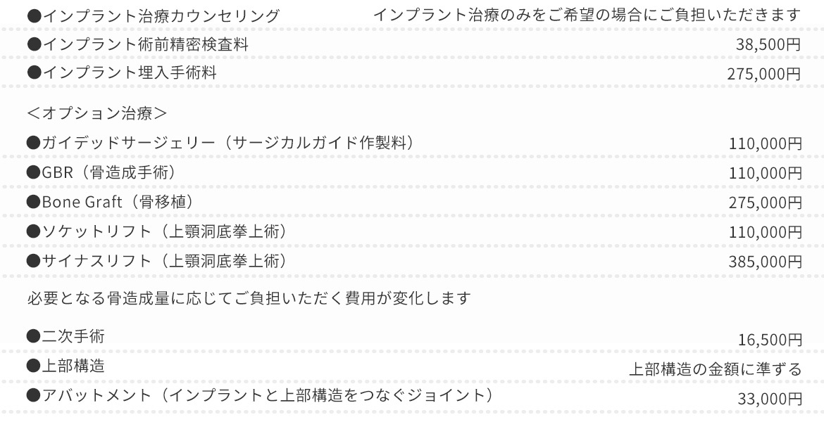 インプラント治療料金表 (10%消費税込)